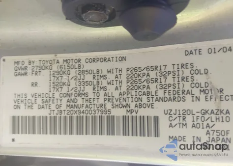 2004 Lexus Gx 470 470 from USA, damaged, VIN JTJBT20X940037995